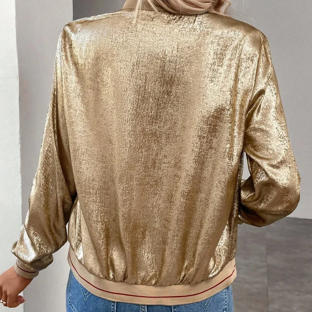 Gold Casual Women's Metallic Rib Patchwork Baseball Jacket - Picture 2 of 8